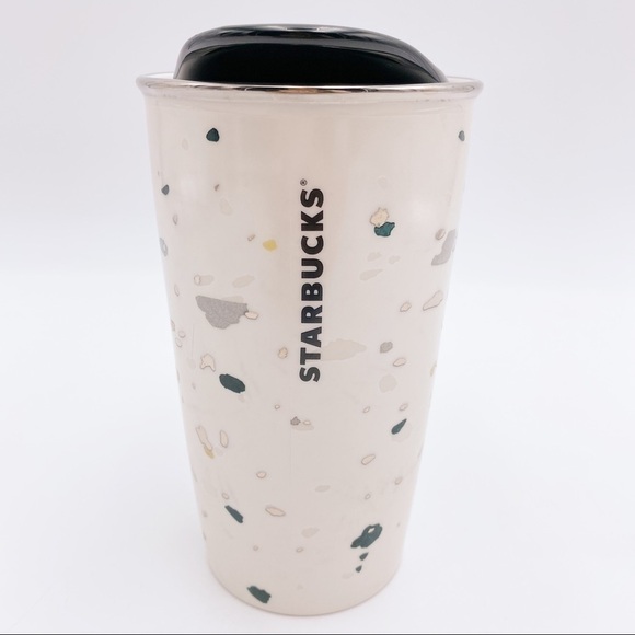 STARBUCKS 2014 Metallic Green Gold Flecks Ceramic Travel Mug Tumbler 12oz - Picture 2 of 8
